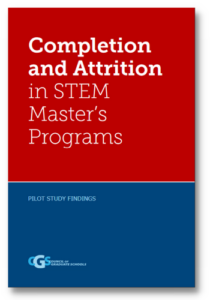 A report cover in a simple red and blue design. White test on the red block reads "Completion and Attrition in STEM Master's Programs", while a subheading below reads "Pilot Study Findings". The CGS logo is on the bottom left of the report.