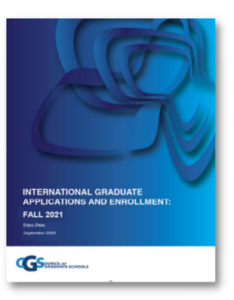 The cover of the 2022 International Graduate Applications and Enrollment Report. A blue graphic takes up most of the cover, with white text reading "International Graduate Applications and Enrollment: Fall 2021". In smaller text below, the author is given as Enyu Zhou and the release date as September 2022. The bottom of the cover has a white bar with the CGS logo.