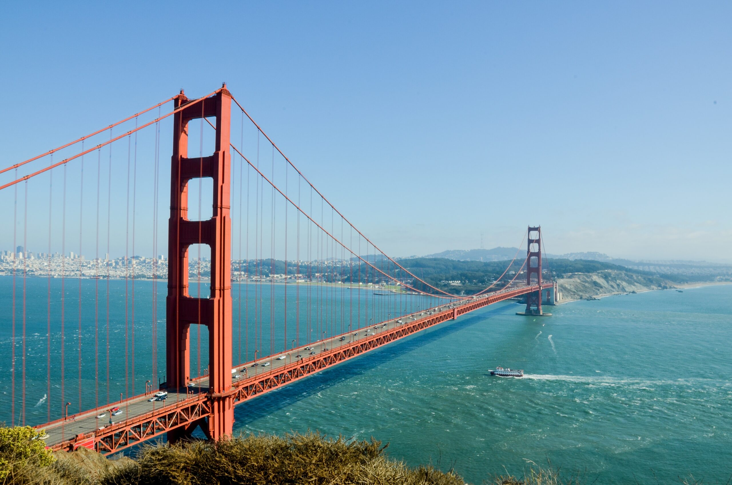 San Francisco Golden Gate Bridge over blue waters.