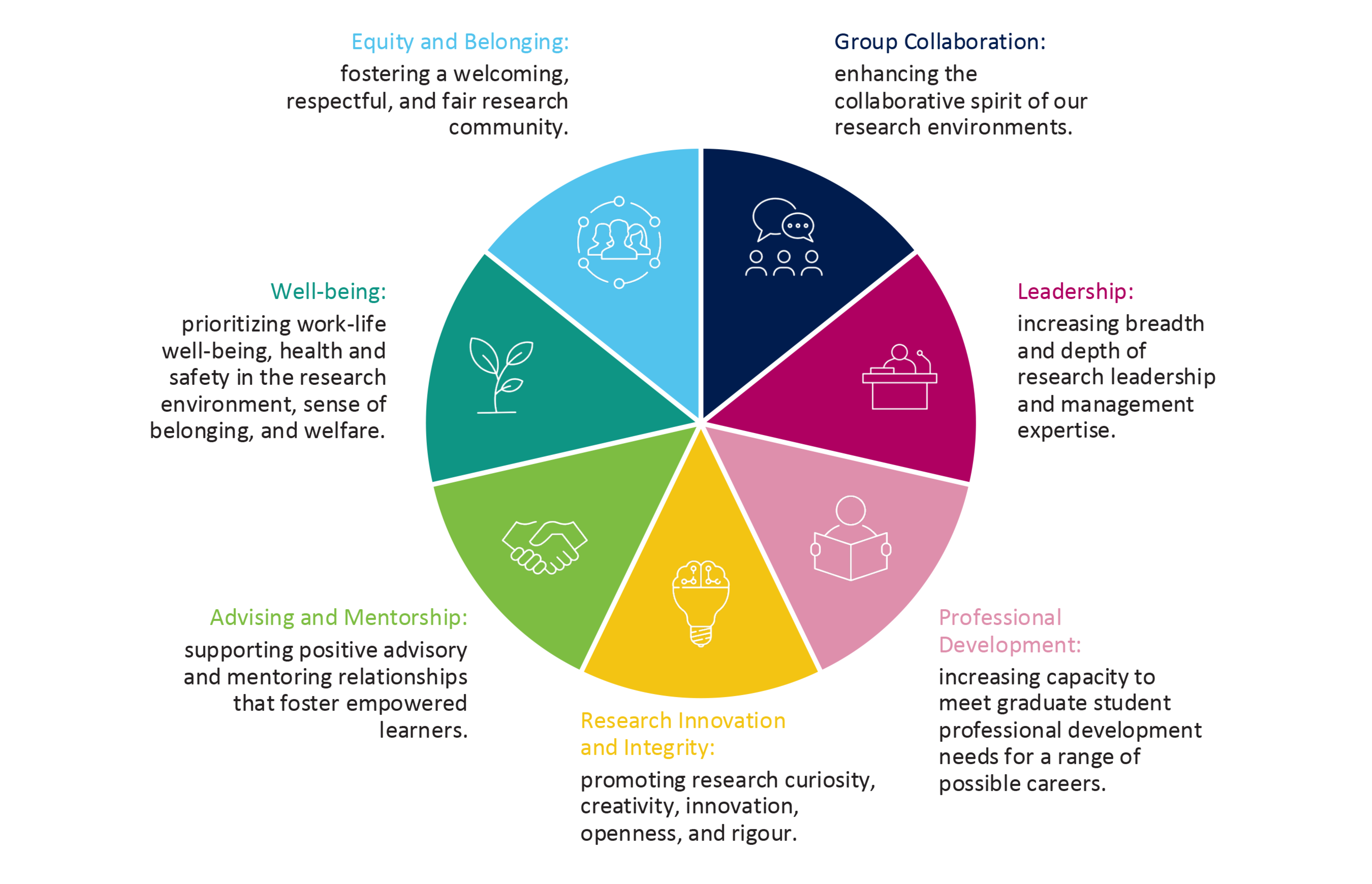 A colorful pie chart with seven sections: equity and belonging, group collaboration, leadership, professional development, research innovation and integrity, advising and mentorship, and wellbeing.